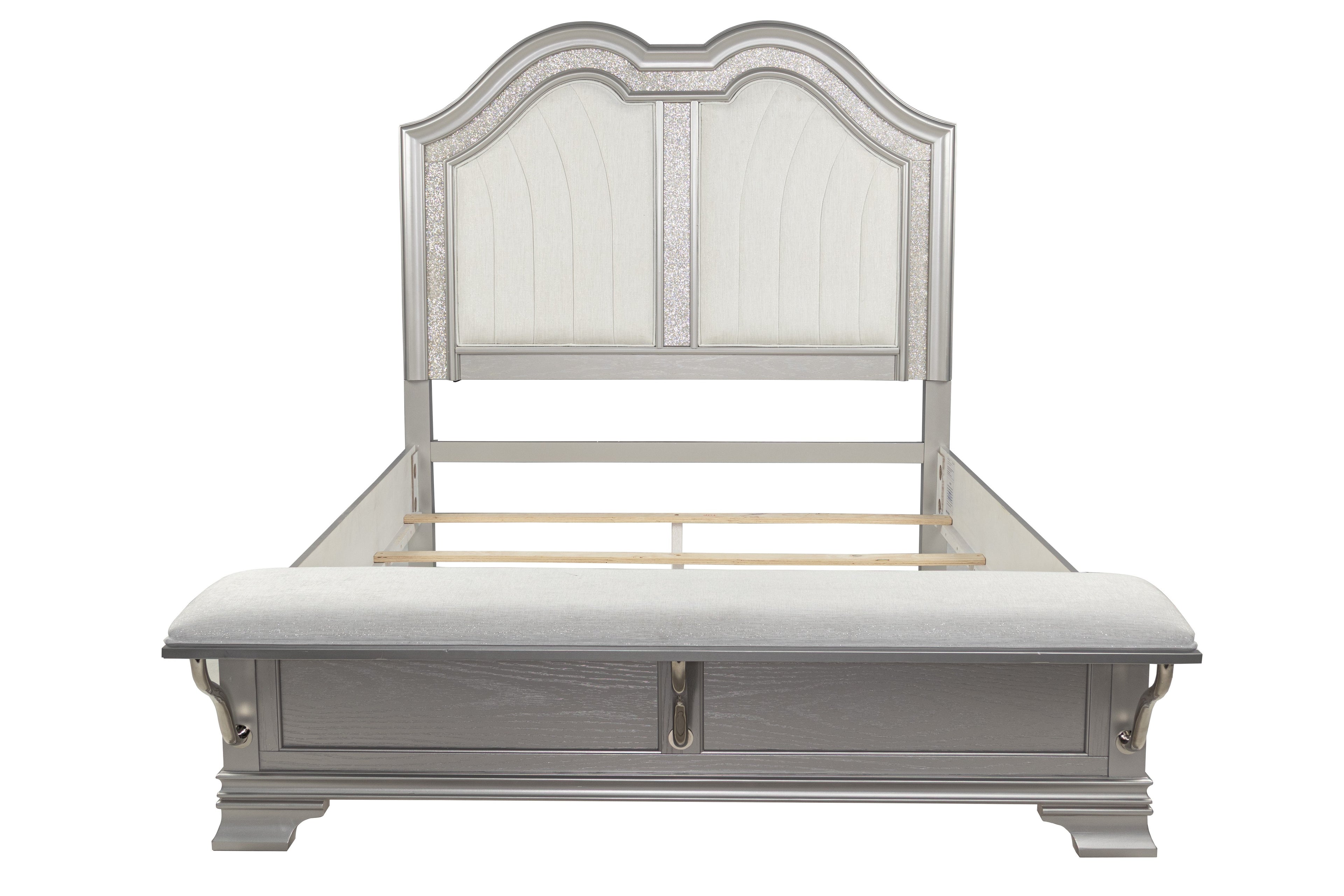 Poundex F9671Q-4PC 4 pc Light grey finish wood fabric padded headboard LED lighting queen bed set bench footboard