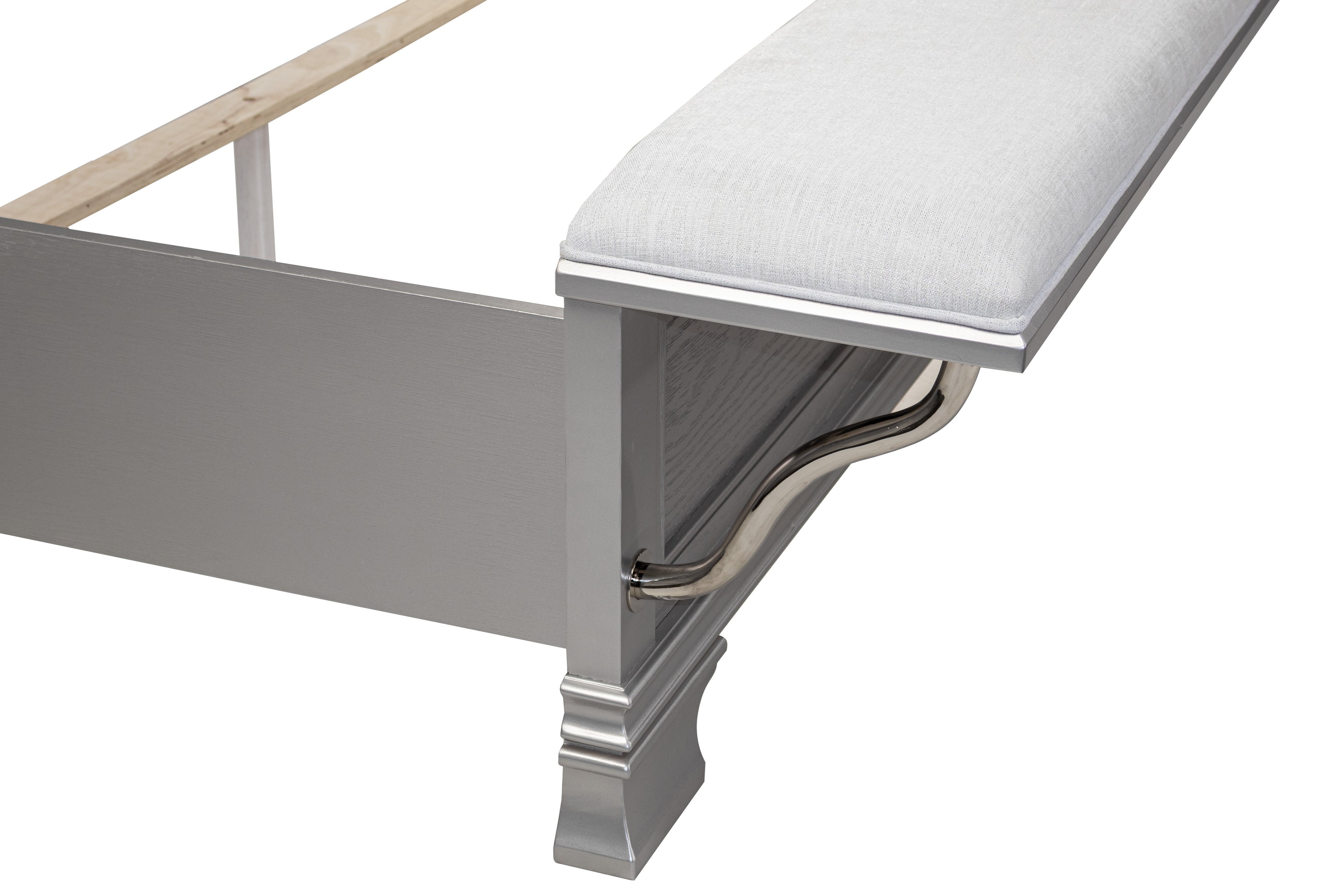 Poundex F9671Q-4PC 4 pc Light grey finish wood fabric padded headboard LED lighting queen bed set bench footboard