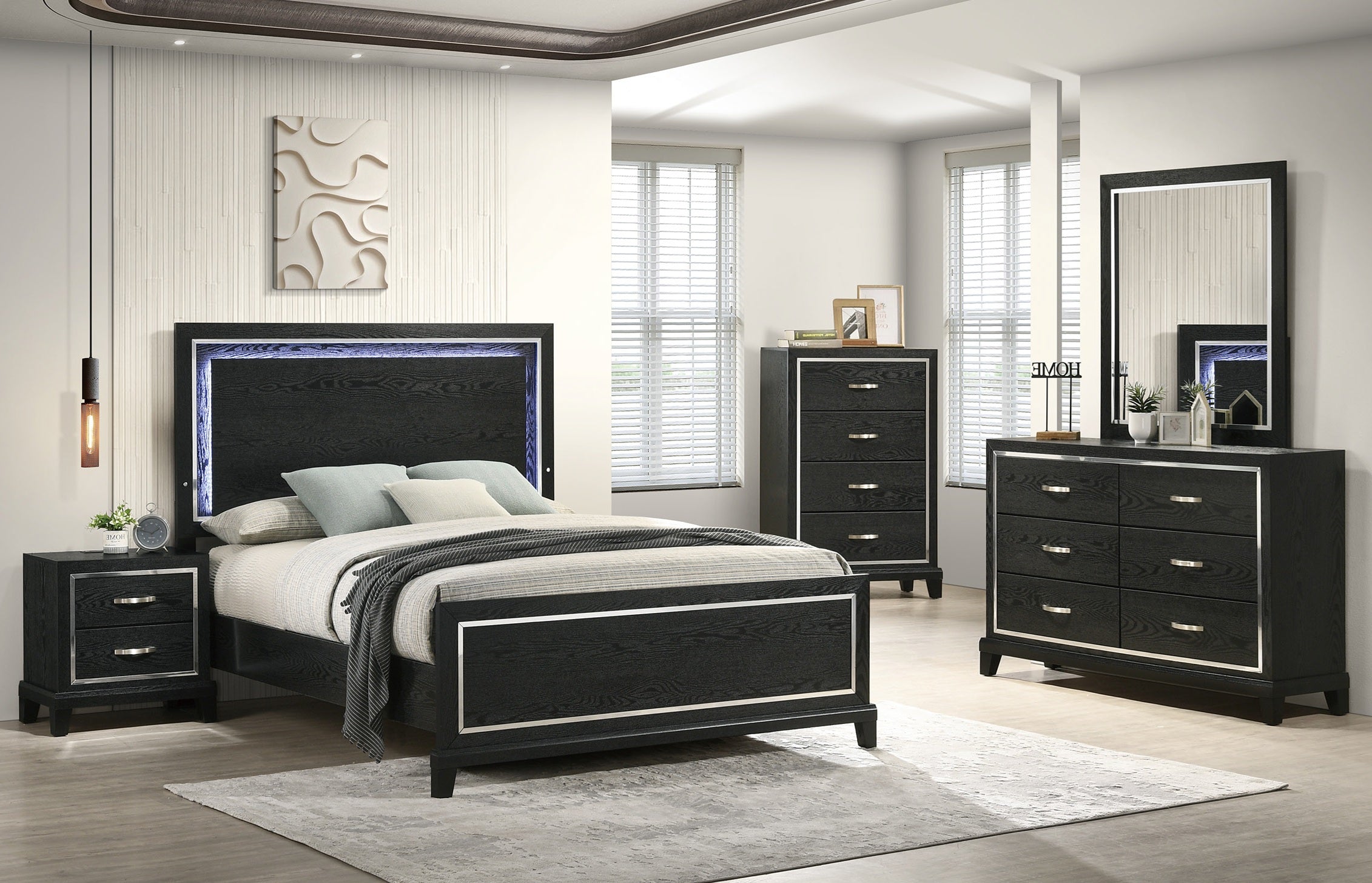 Poundex F9672Q-4PC 4 pc Black finsh wood silver trimmed LED lighted headboard queen bedroom set
