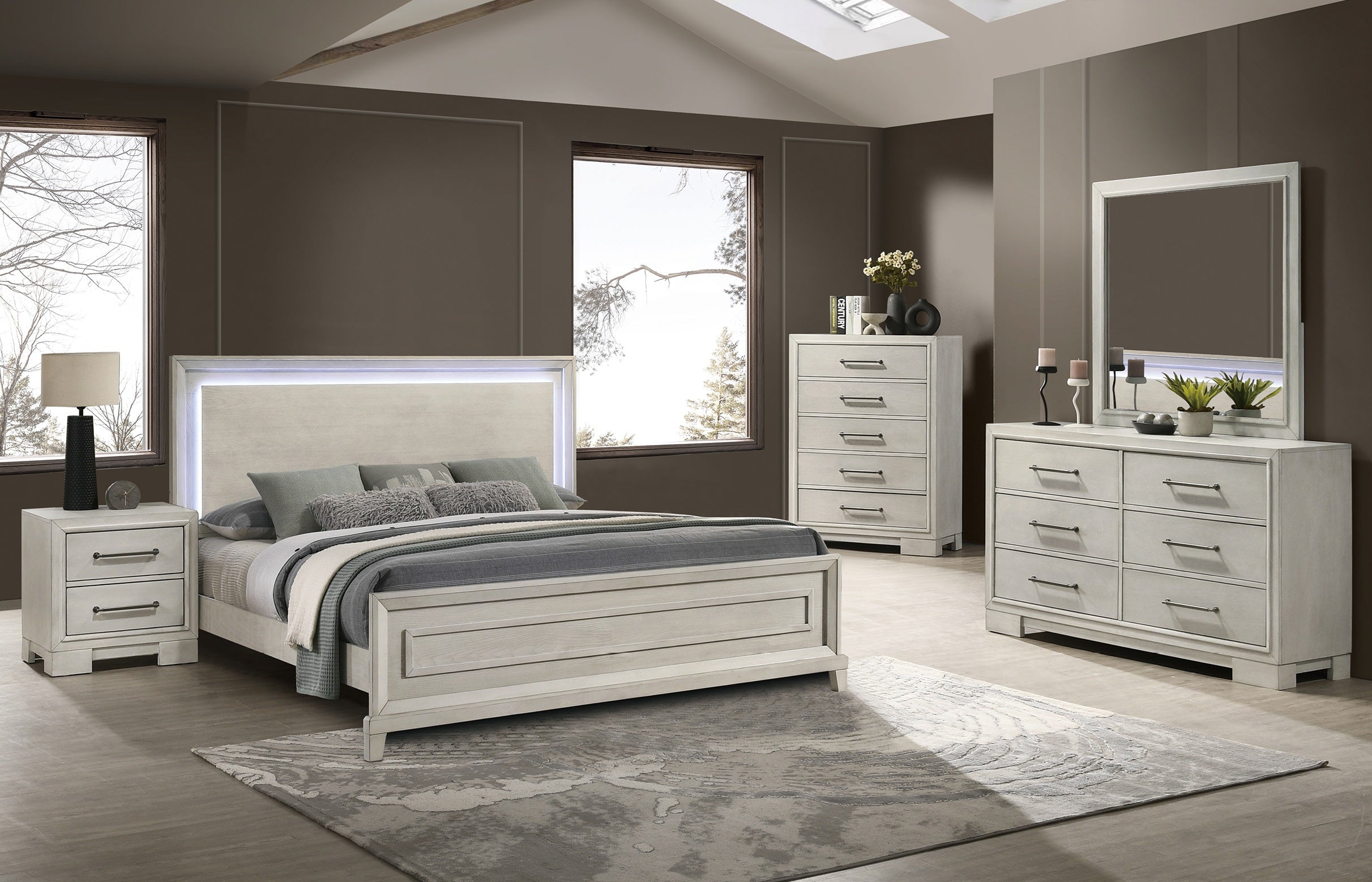 Poundex F9673Q-4PC 4 pc Antique white finish wood LED lighting accents queen bed set