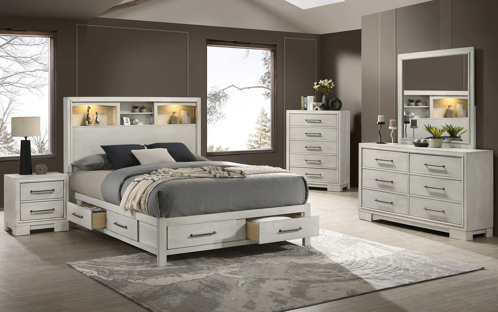 Poundex F9674Q-4PC 4 pc Antique white finish wood LED lighting storage headboard and drawers queen bed set
