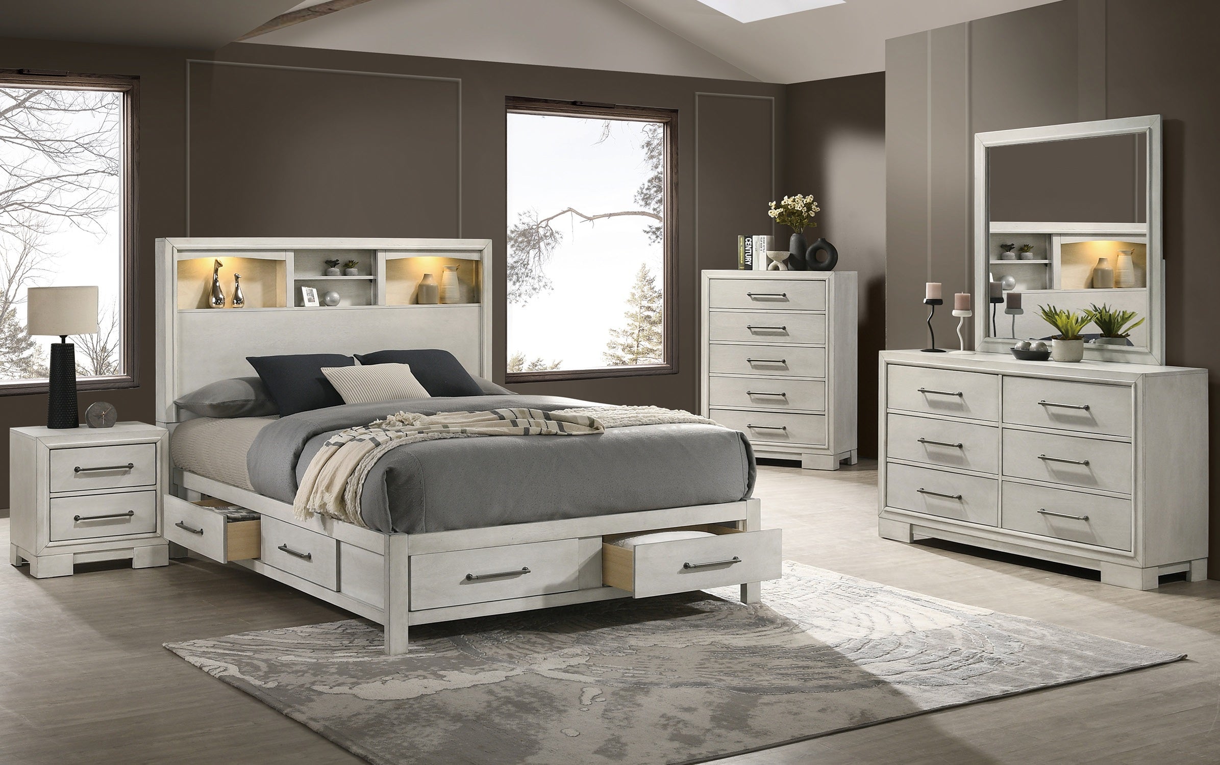 Poundex F9674Q-4PC 4 pc Antique white finish wood LED lighting storage headboard and drawers queen bed set