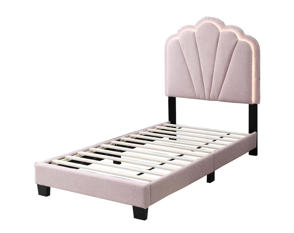 Poundex F9675T Starlight pink wool fabric twin size bed with scalloped modern headboard design LED accent lighting