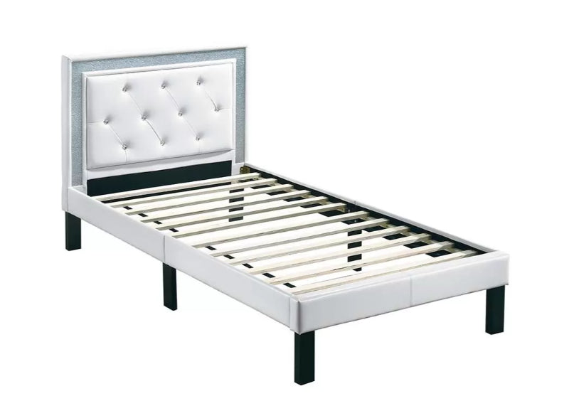 Poundex F9678T Bernadette white faux leather glitter finish trim headboard twin bed