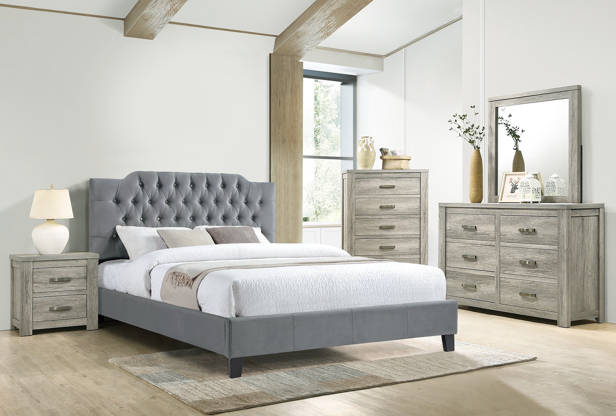 Poundex F9679Q-4PC Grey velvet fabric tufted headboard washed grey finish wood queen bed set