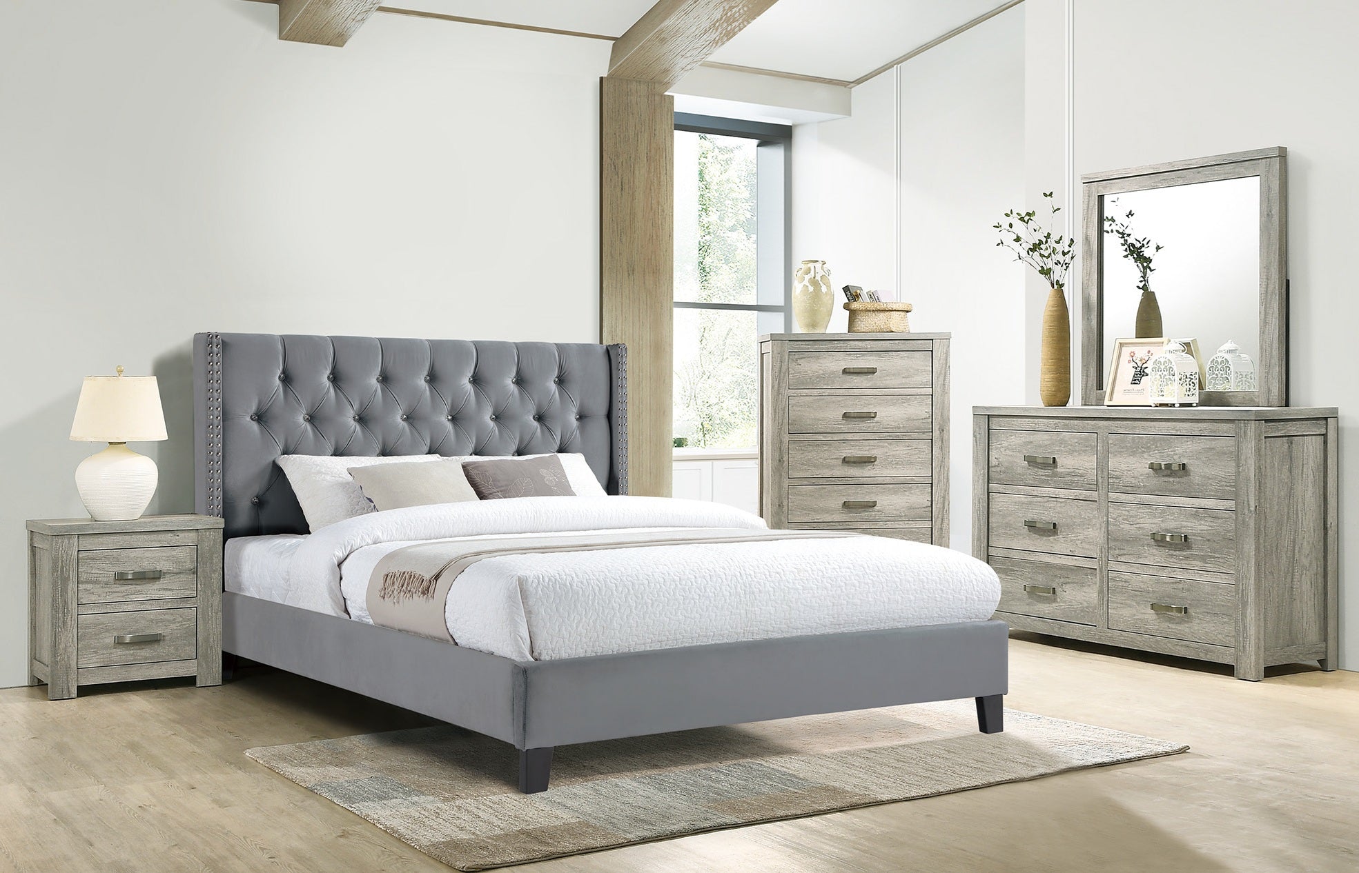 Poundex F9680Q-4PC Grey velvet fabric tufted headboard washed grey finish wood queen bed set