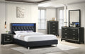 Poundex F9681Q-4PC 4 pc Black finsh wood silver trimmed black faux leather tufted LED lighted headboard queen bedroom set