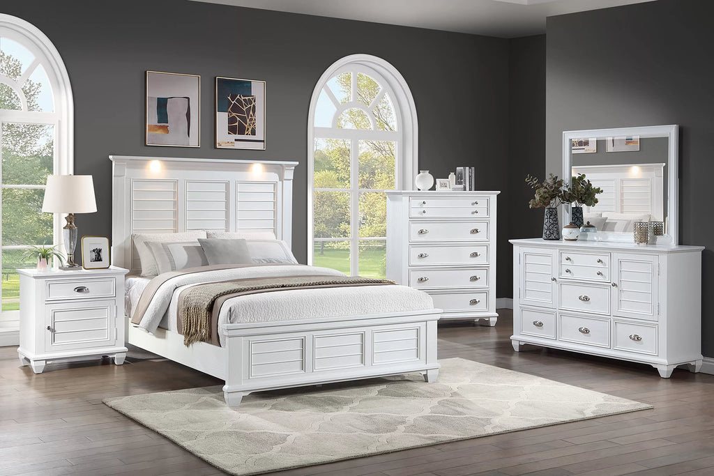 Poundex F9682Q-4PC 4 pc White finish wood country style LED lighting queen bed set