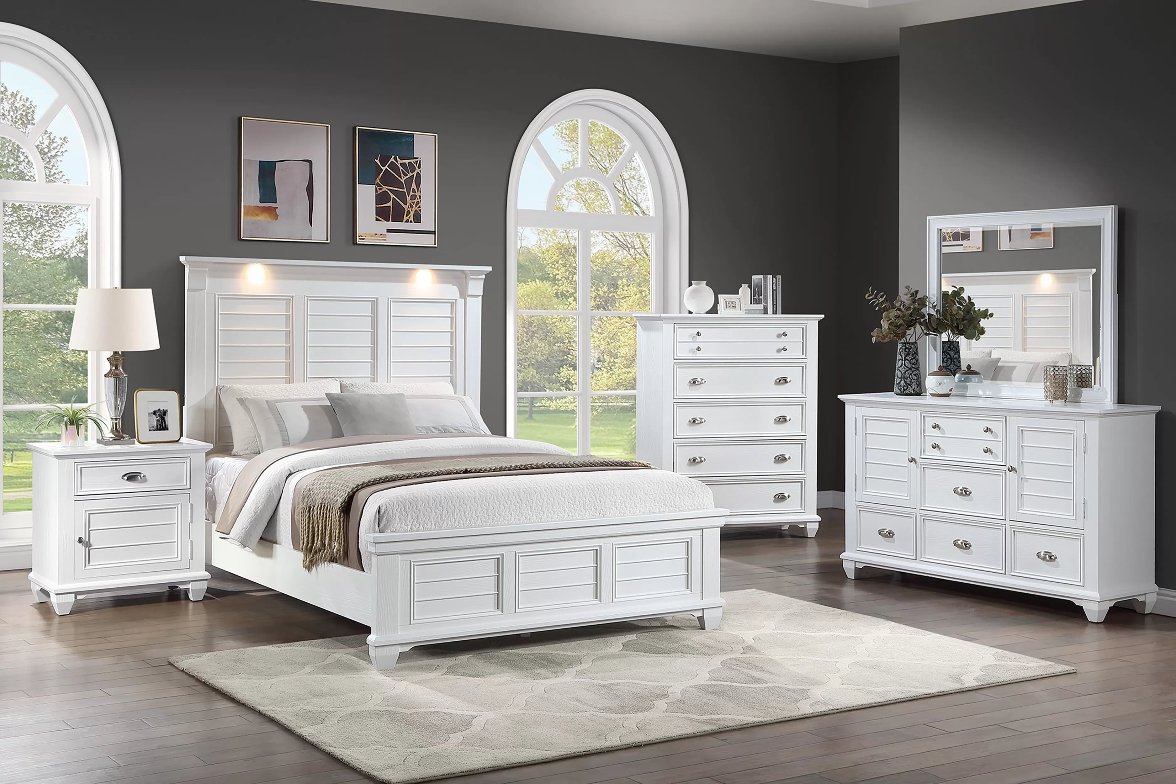 Poundex F9682Q-4PC 4 pc White finish wood country style LED lighting queen bed set