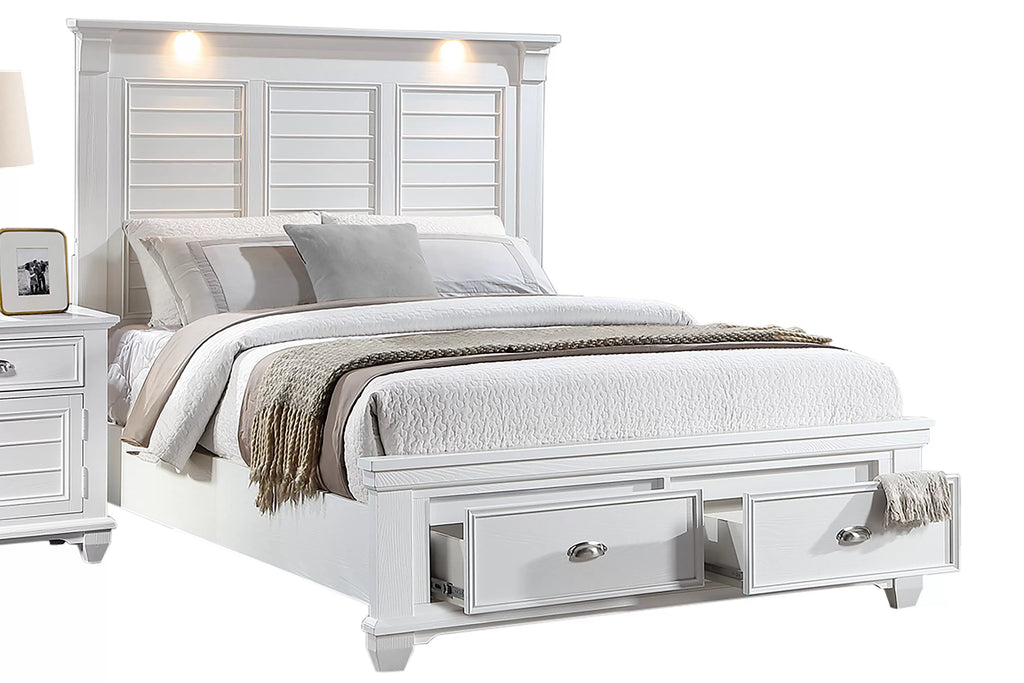 Poundex F9683Q-4PC 4 pc White finish wood country style LED lighting queen bed set footboard drawers