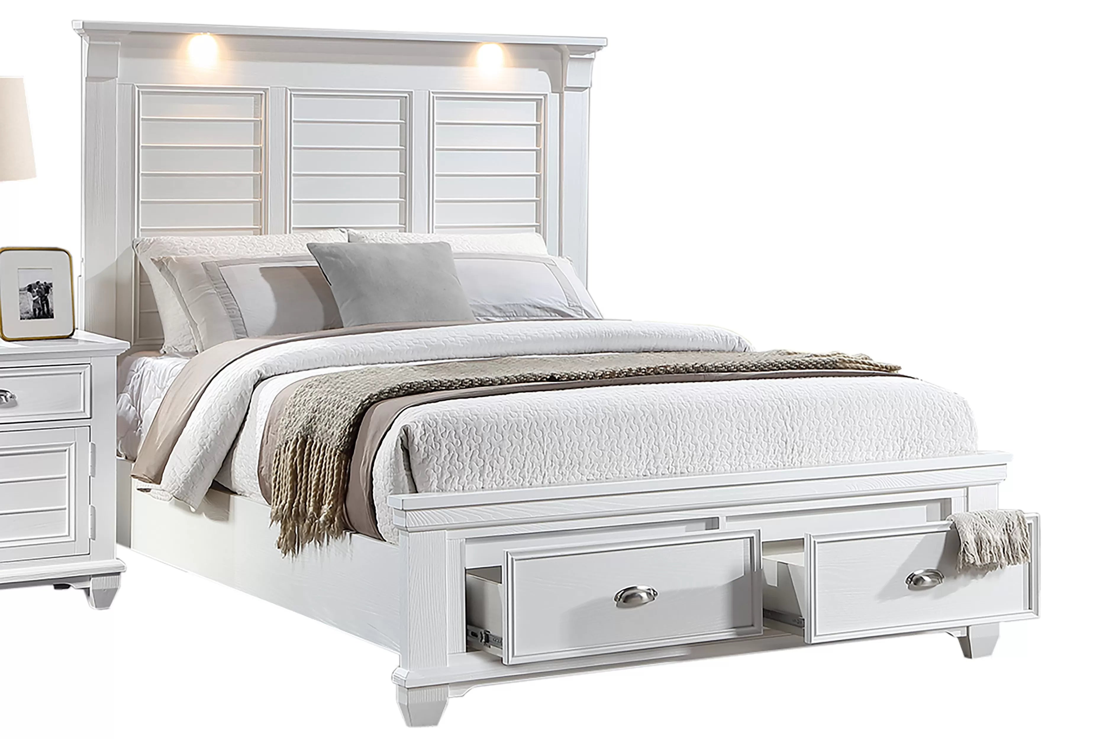 Poundex F9683Q-4PC 4 pc White finish wood country style LED lighting queen bed set footboard drawers