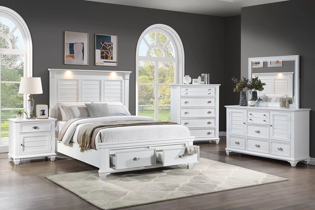 Poundex F9683Q-4PC 4 pc White finish wood country style LED lighting queen bed set footboard drawers