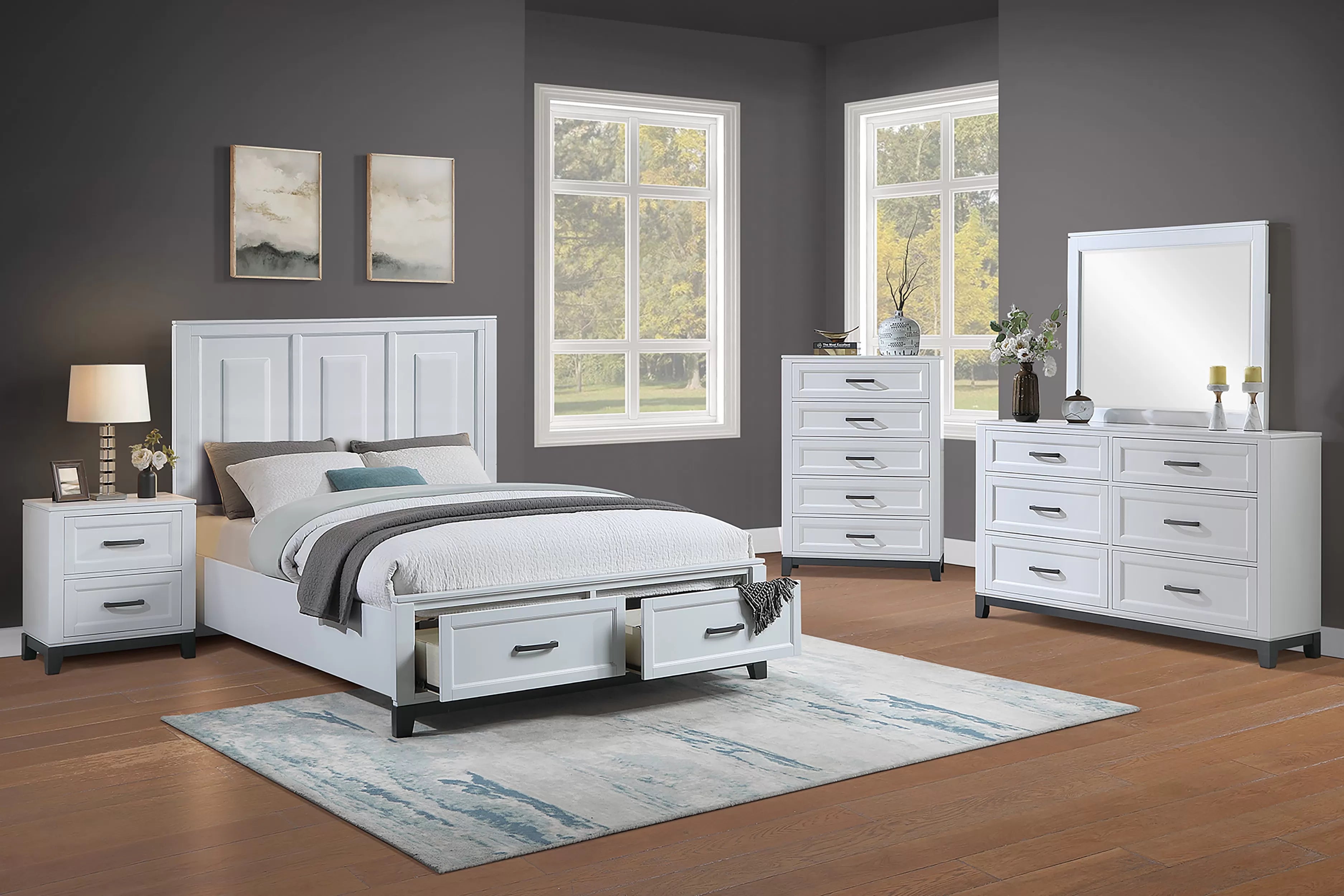Poundex F9684Q-4PC 4 pc Antique white and grey finish wood queen bed set footboard drawers