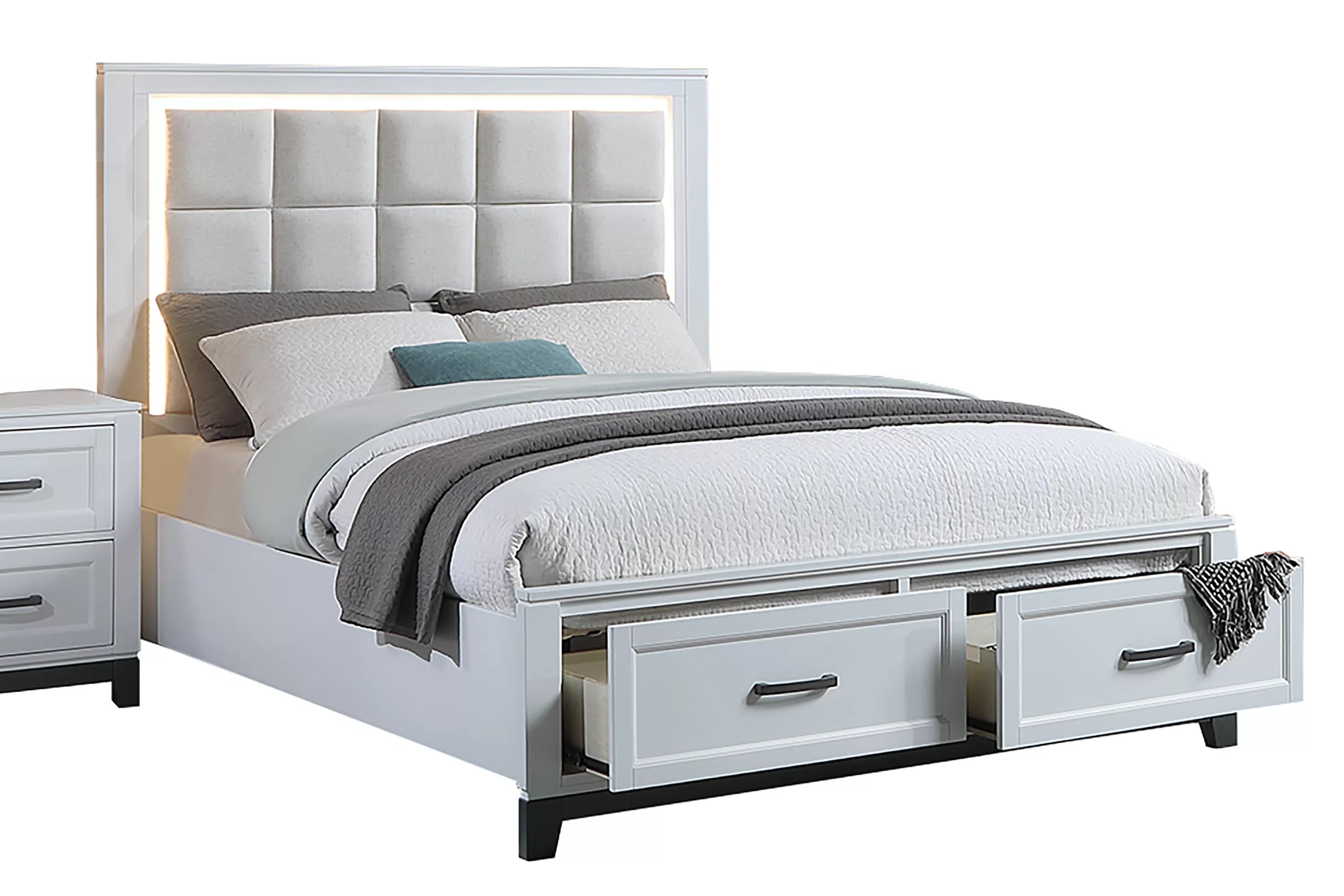 Poundex F9685Q-4PC 4 pc Antique white and grey finish wood LED headboard queen bed set footboard drawers