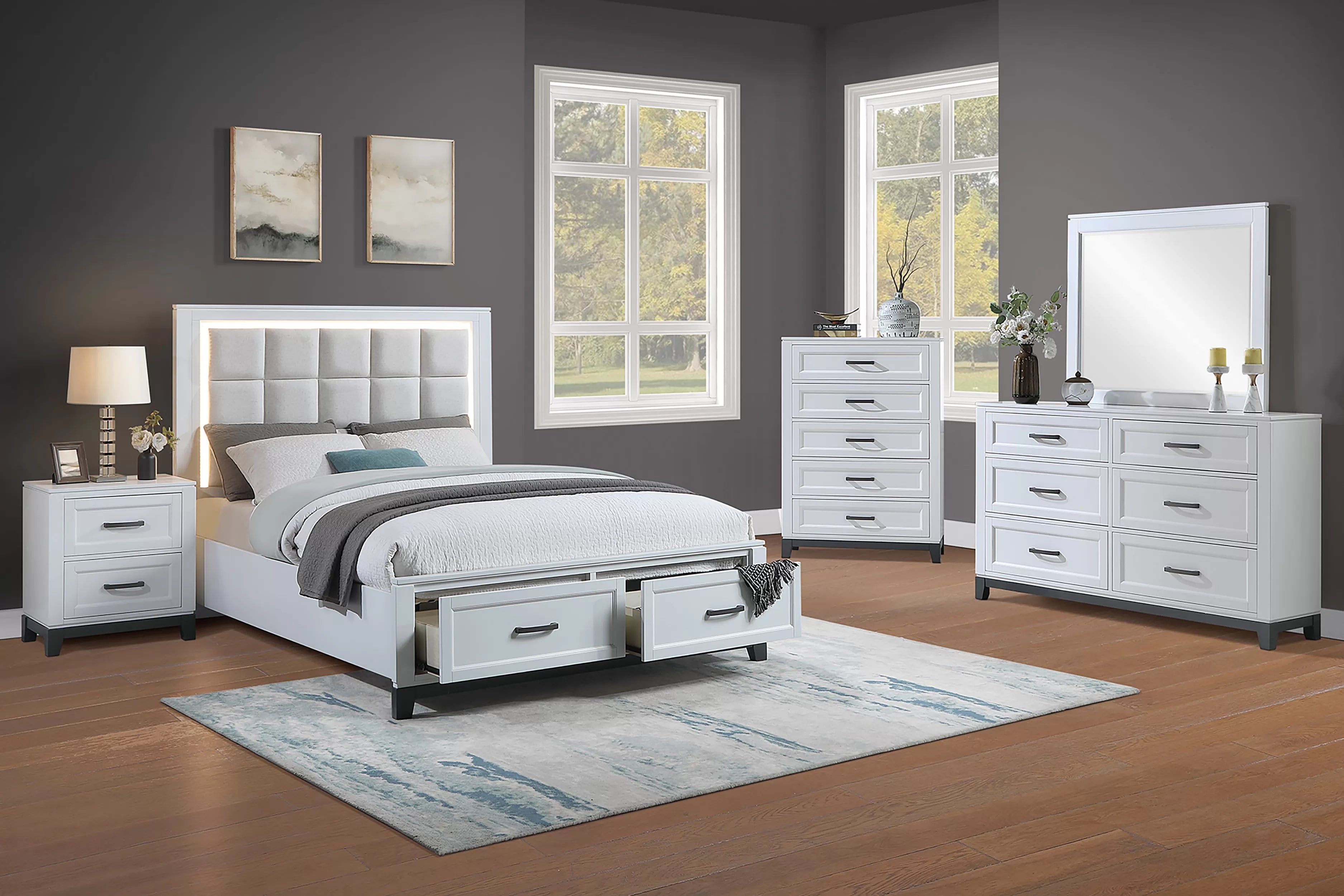 Poundex F9685Q-4PC 4 pc Antique white and grey finish wood LED headboard queen bed set footboard drawers