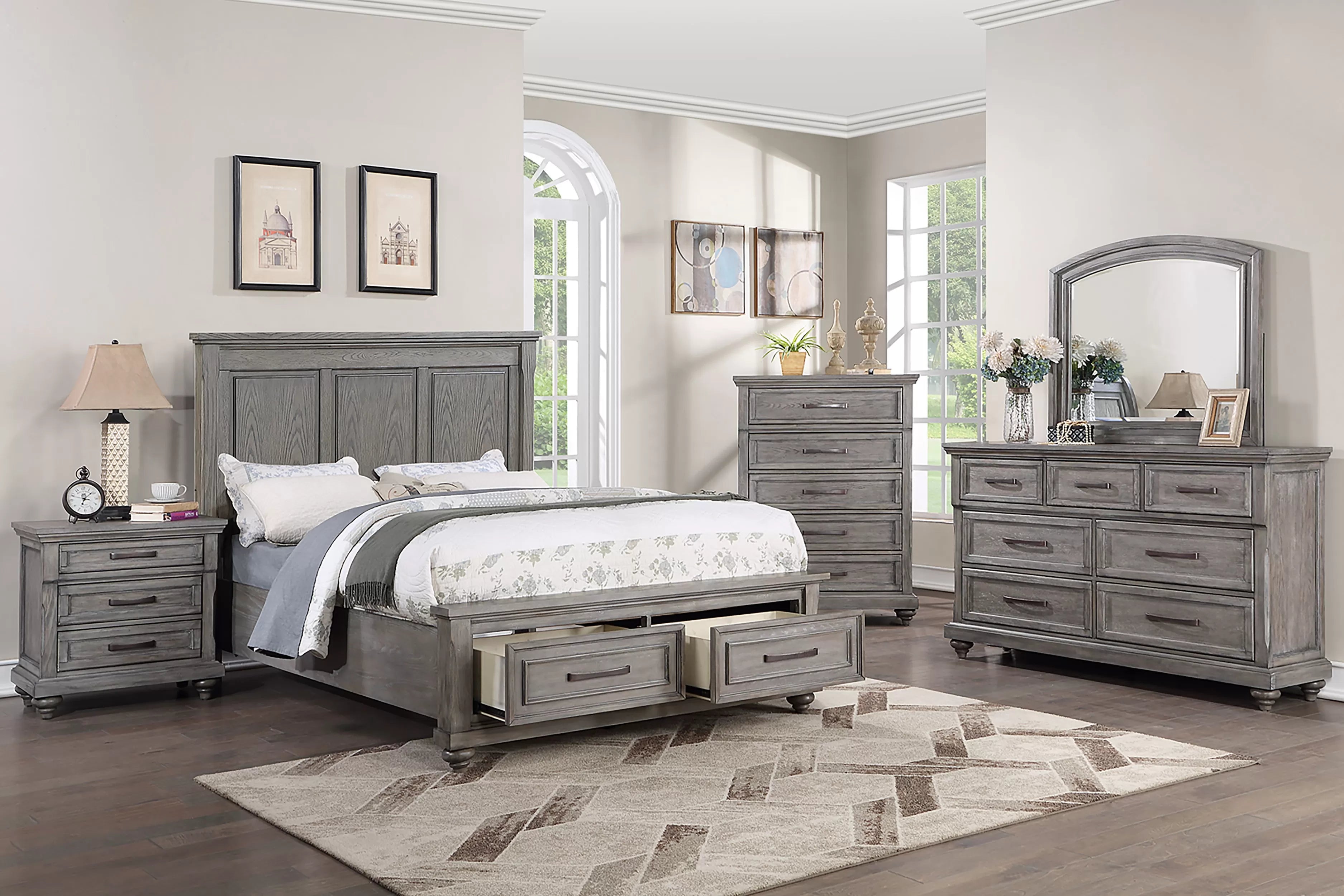 Poundex F9686Q-4PC 4 pc Morgan rustic weathered grey finish wood queen bed footboard drawers
