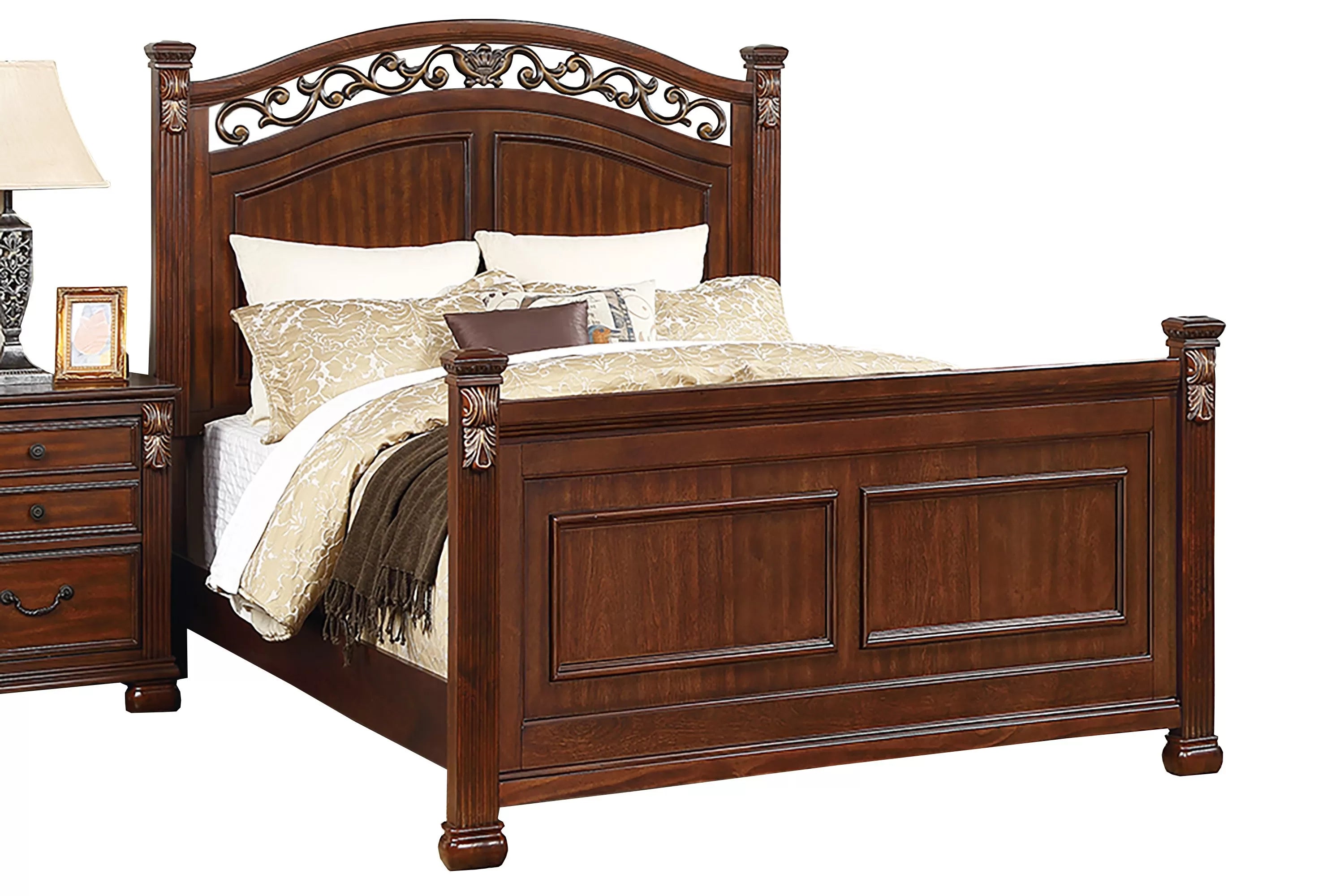 Poundex F9687Q-4PC 4 pc Morgan cherry brown finish wood ornate accented headboard and footboard queen bed set