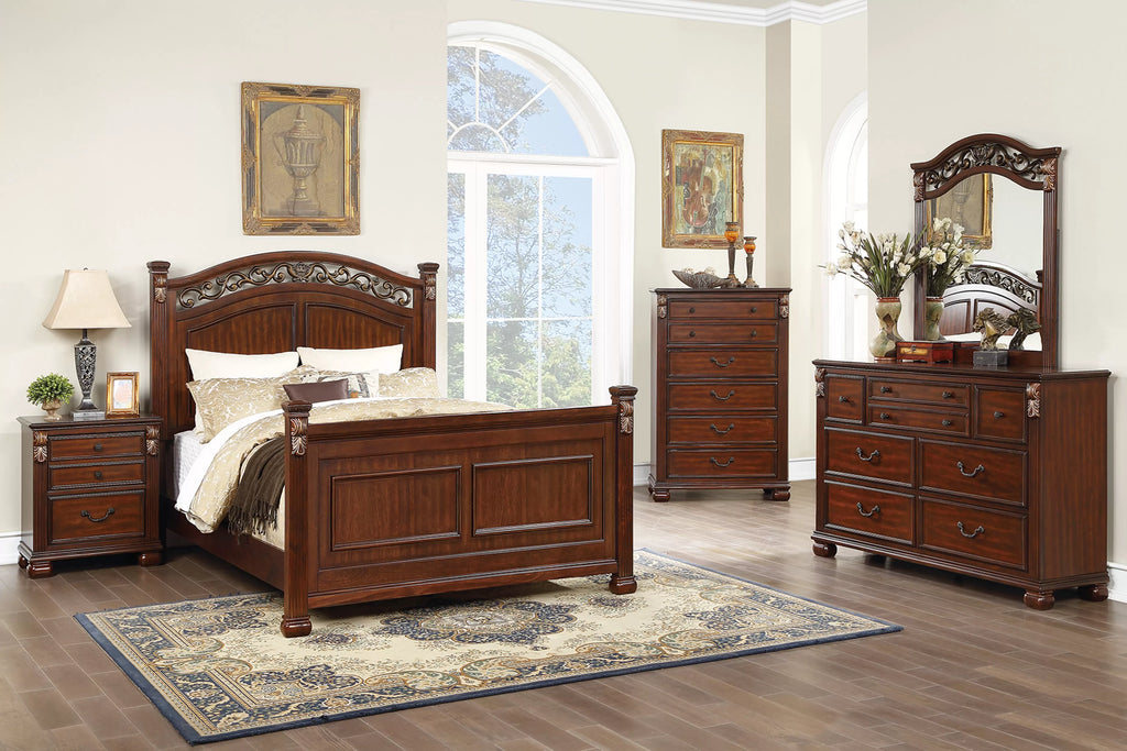 Poundex F9687Q-4PC 4 pc Morgan cherry brown finish wood ornate accented headboard and footboard queen bed set