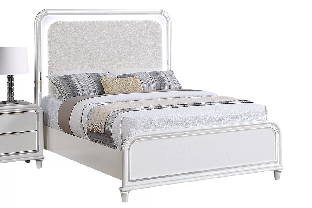 Poundex F9688Q-4PC 4 pc Pearl white finish wood mirror accents LED lighting queen bed set
