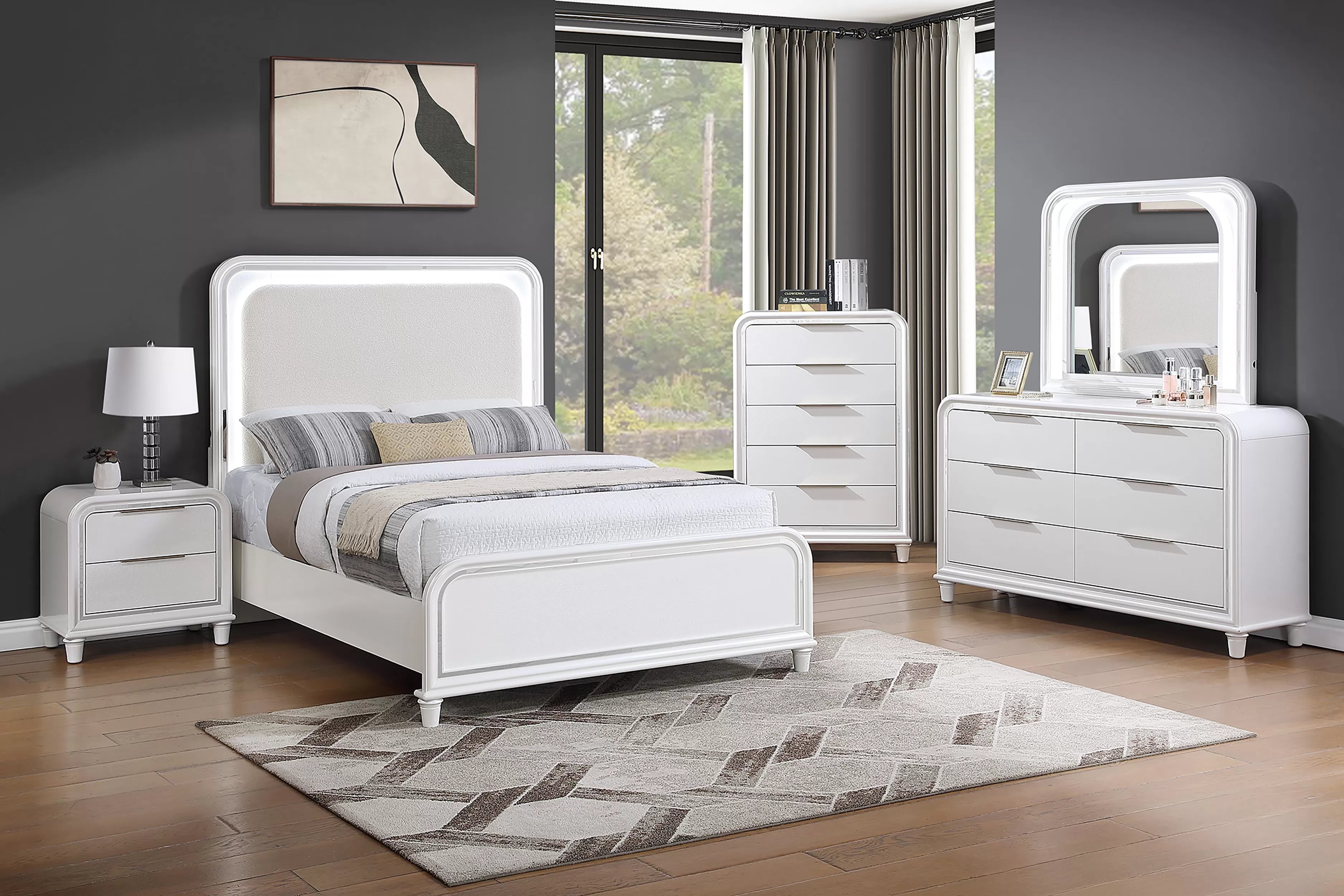 Poundex F9688Q-4PC 4 pc Pearl white finish wood mirror accents LED lighting queen bed set