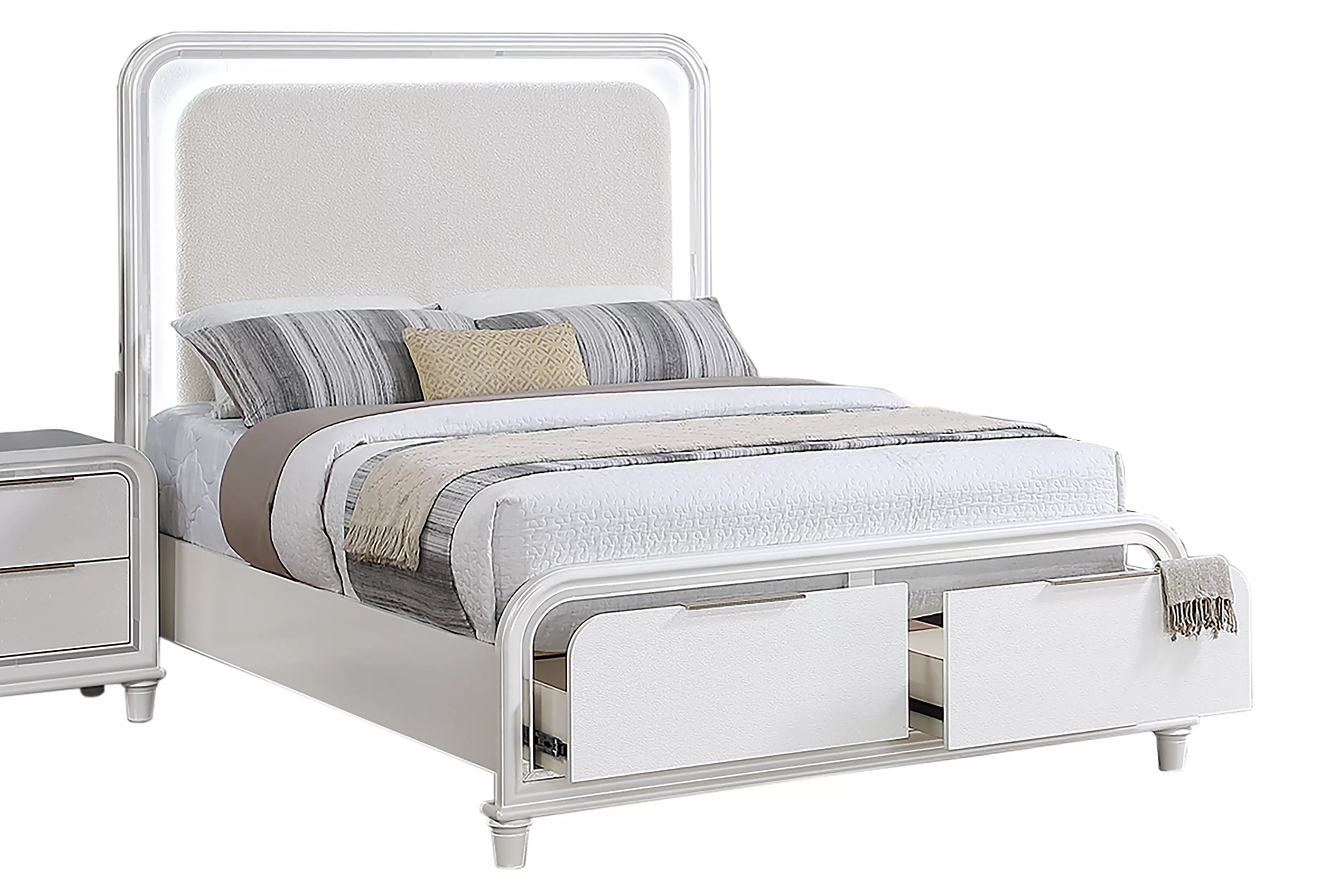 Poundex F9689Q-4PC 4 pc Pearl white finish wood mirror accents LED lighting queen bed set footboard drawers