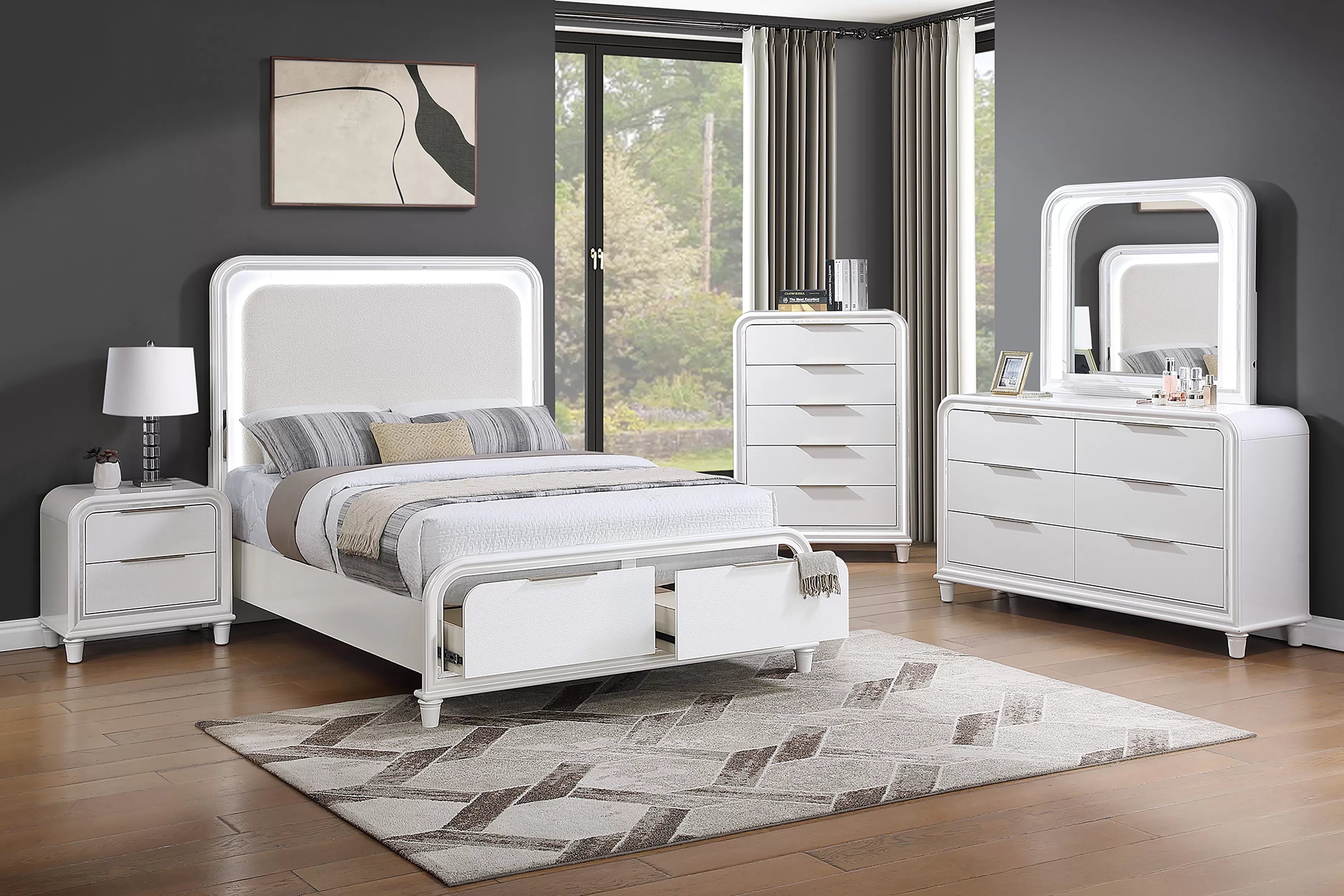 Poundex F9689Q-4PC 4 pc Pearl white finish wood mirror accents LED lighting queen bed set footboard drawers