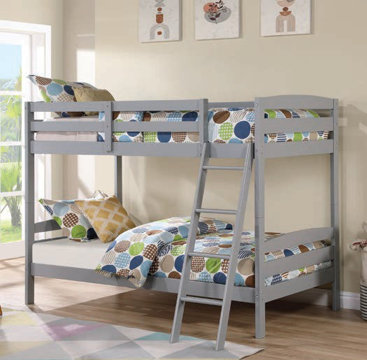 FM-BK002GY Candice grey finish wood twin over twin bunk bed front access ladder and 2 under bed drawers