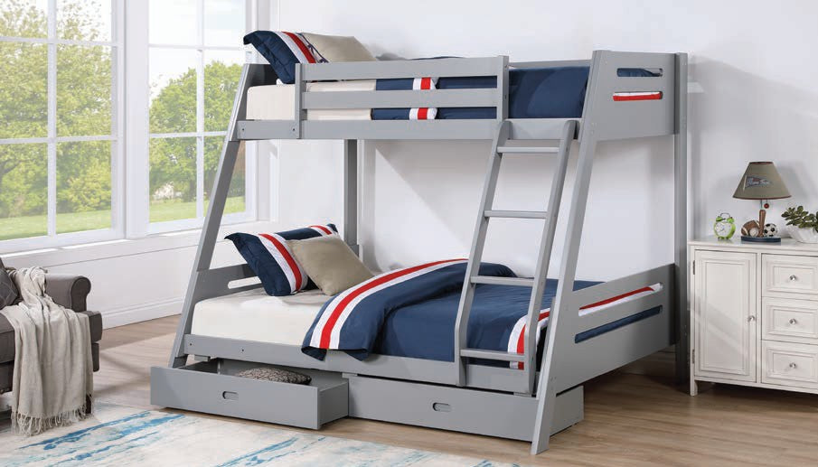 FM-BK003GY Emilee grey finish wood twin over full bunk bed reversible front access ladder and 2 under bed drawers
