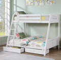 FM-BK003WH Emilee white finish wood twin over full bunk bed reversible front access ladder and 2 under bed drawers