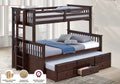 FM-BK458F-DW University dark walnut finish wood twin over full mission style bunk bed set with twin trundle and drawers