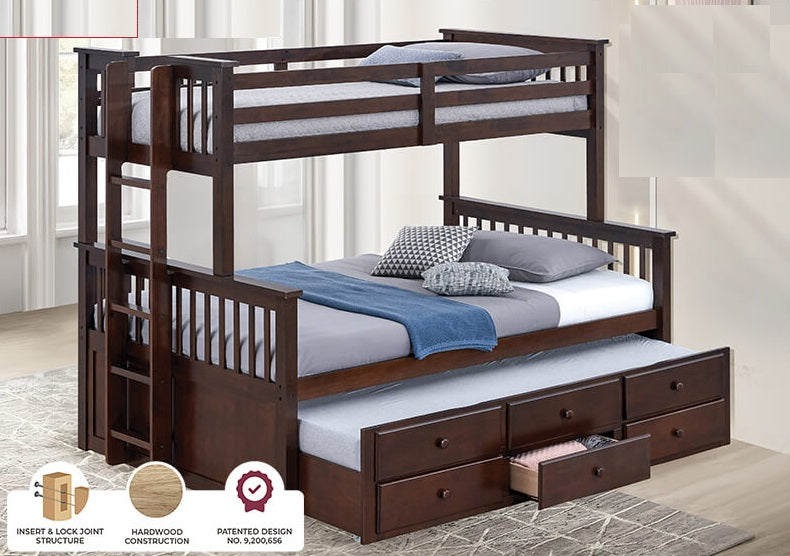 FM-BK458F-DW University dark walnut finish wood twin over full mission style bunk bed set with twin trundle and drawers