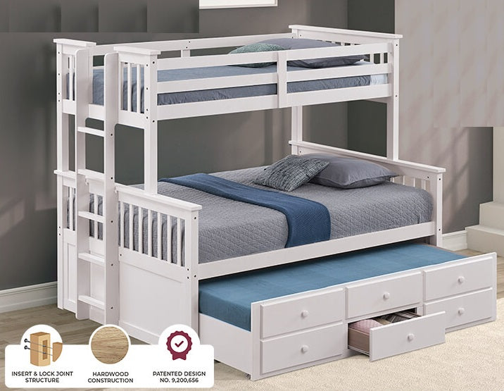 FM-BK458F-WH University white finish wood twin over full mission style bunk bed set with twin trundle and drawers