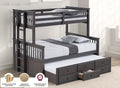 FM-BK458F-GY  University grey finish wood twin over full mission style bunk bed set with twin trundle and drawers