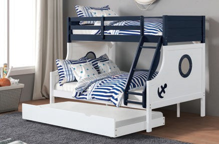 FM-BK629BL Isabella & Max Nautia navy blue and white finish wood twin over full nautical themed bunk bed set