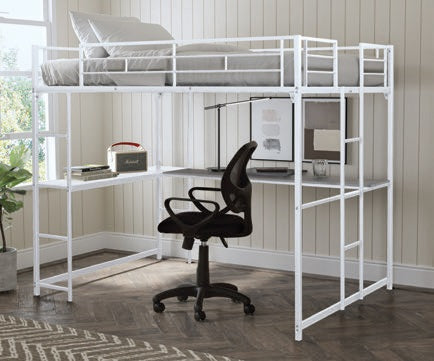 FM-BK905WH  Cybill white finish metal full size loft bed with built in workstation underneath 2 attached ladders