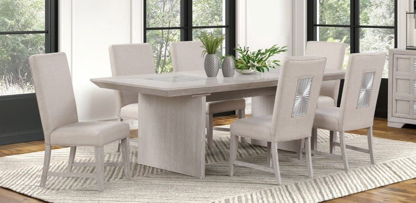 FM3368GY-7PC 7 pc Argenthart light grey finish wood trestle base sunburst pattern top dining table set