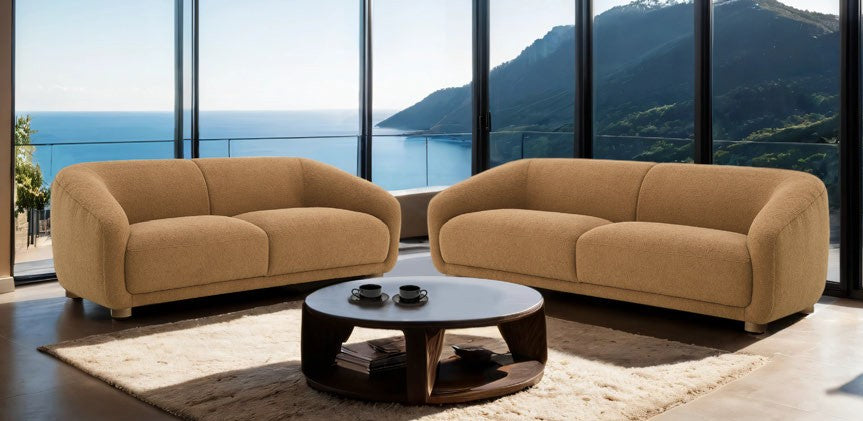 FM61006BR-2PC 2 pc Kolvere brown boucle fabric sofa and love seat set soft curved sloped arms