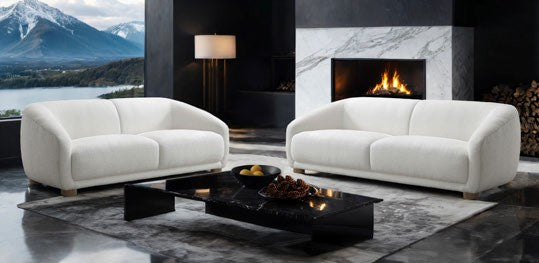 FM61006WH-2PC 2 pc Kolvere white boucle fabric sofa and love seat set soft curved sloped arms