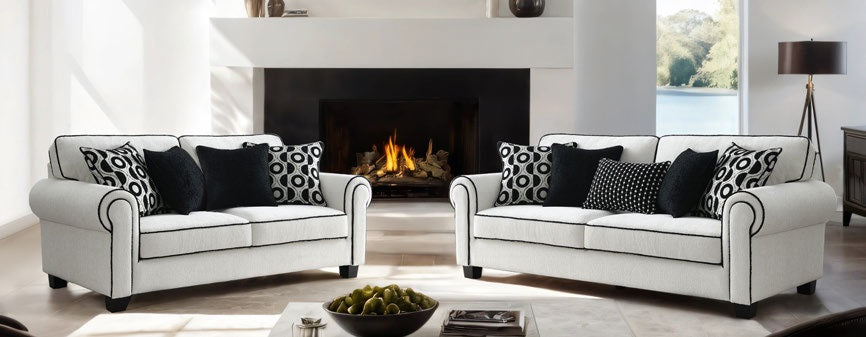 FM61007 2 pc Viviani white and black chenille fabric sofa and love seat set rolled arms