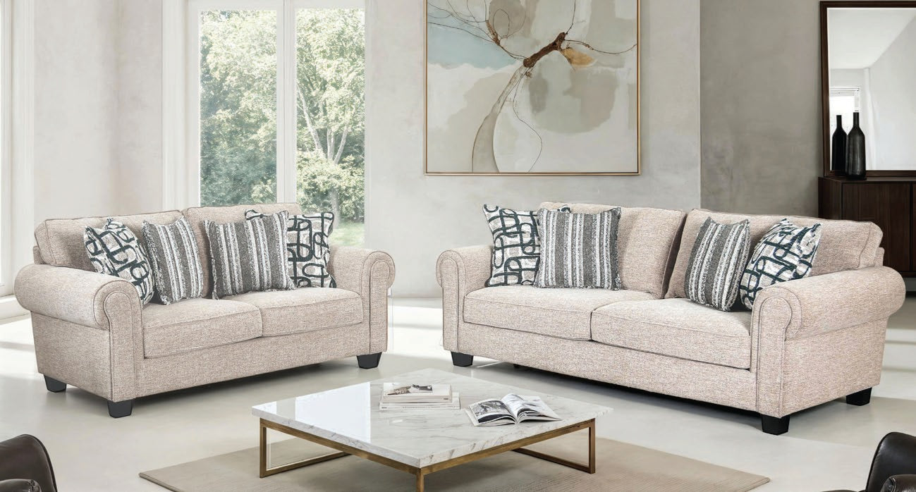 FM61007-LB 2 pc Viviani light brown and taupe chenille fabric sofa and love seat set rolled arms