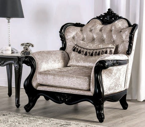 Acapulco Off White Patterned Fabric Traditional Sofa and Love Seat Set with Black Wood Trim – FM65001ES