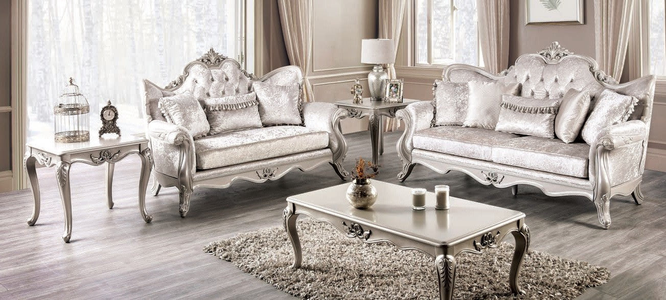 FM65001WH 2 pc Acapulco off white patterned fabric traditional sofa and love seat set with wood trim