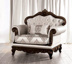 FM65002BG 2 pc Veracruz beige patterned fabric traditional sofa and love seat set dark cherry wood trim