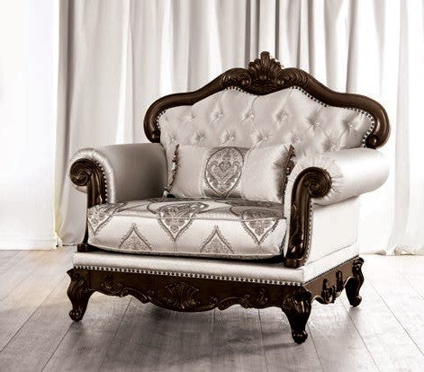 FM65002BG 2 pc Veracruz beige patterned fabric traditional sofa and love seat set dark cherry wood trim