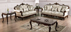 FM65002BG 2 pc Veracruz beige patterned fabric traditional sofa and love seat set dark cherry wood trim