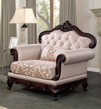 FM65002BR 2 pc Veracruz light brown patterned fabric traditional sofa and love seat set dark cherry wood trim