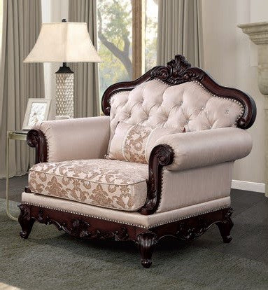 FM65002BR 2 pc Veracruz light brown patterned fabric traditional sofa and love seat set dark cherry wood trim