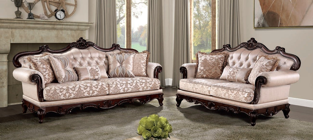 FM65002BR 2 pc Veracruz light brown patterned fabric traditional sofa and love seat set dark cherry wood trim