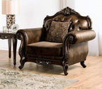 FM65003BR 2 pc Ensenada brown patterned fabric and leatherette traditional sofa and love seat set dark cherry wood trim