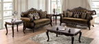 FM65003BR 2 pc Ensenada brown patterned fabric and leatherette traditional sofa and love seat set dark cherry wood trim